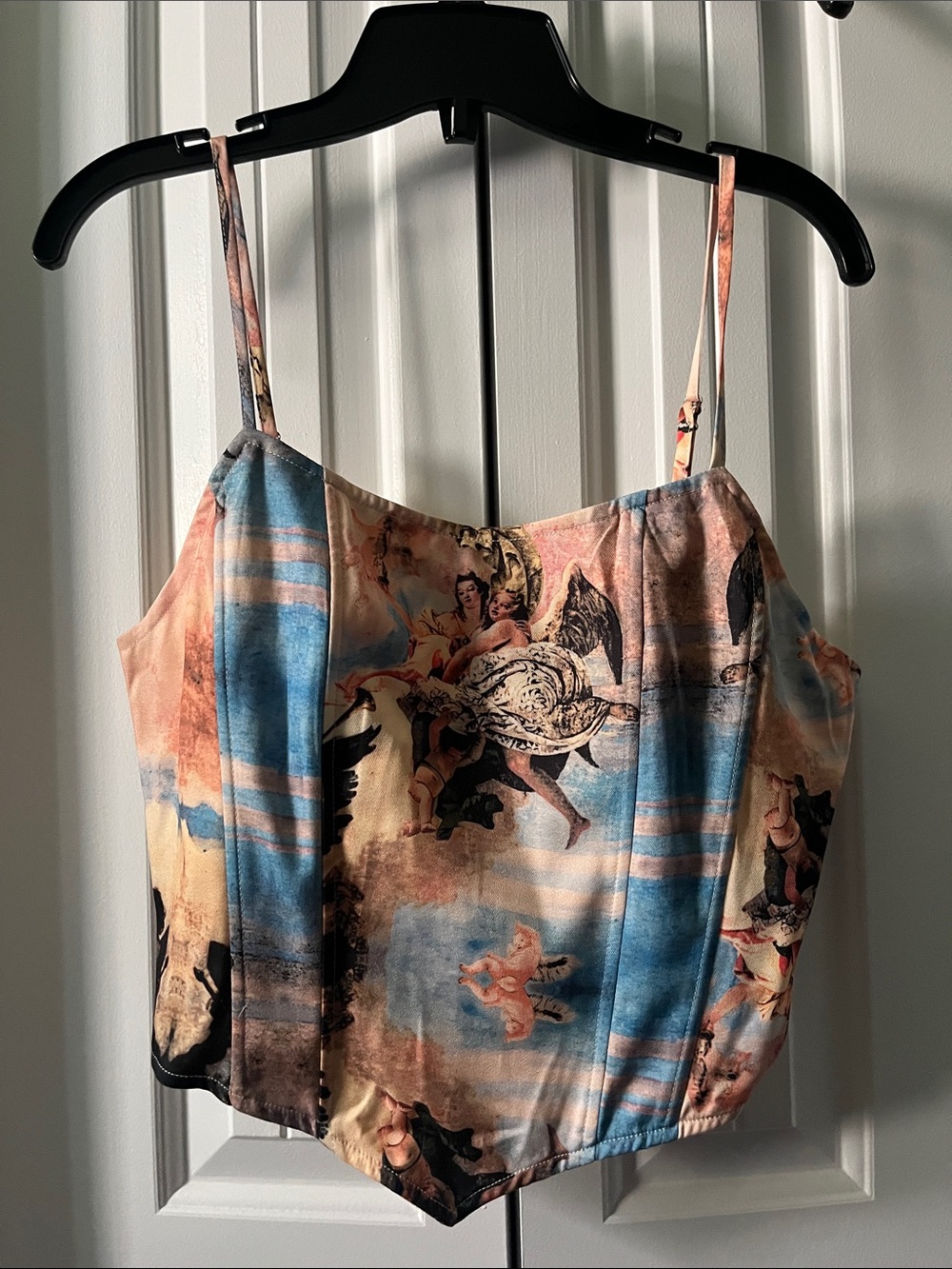 Fashion Nova Painted Angel Print Satin Cami in Blue and Peach
